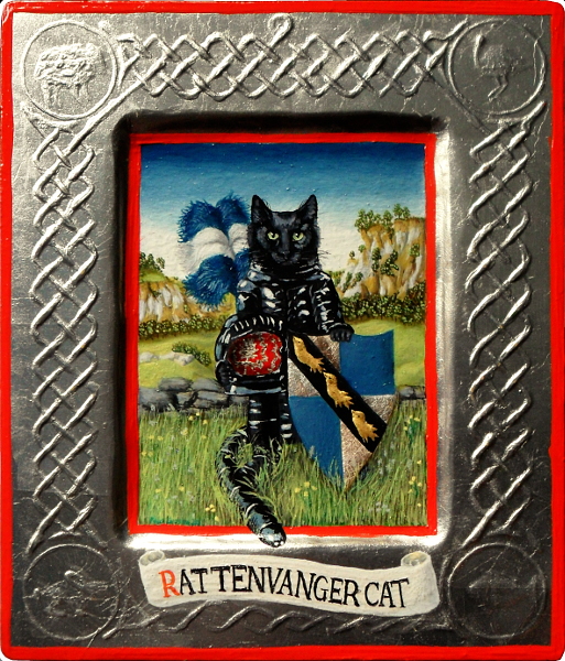 'Dennis - Rattenvanger Cat' - Netherlandish cat wearing armour, holding heraldic shield and standing in countryside in front of wall. Early pigments oils on quarter-sawn solid oak panel with sunken field - mordant gilded on pastiglia 24 carat gold leaf and pure silver leaf with a woven pastiglia border with animal figures in each corner and mordant gilded tin leaf with pastiglia banderole with lettering. Copyright (c)2020 Paul Alan Grosse