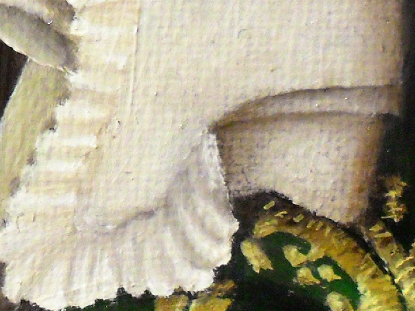 The end of one of these layers as it drapes over her left shoulder. You can also see how the gold part of the brocade is made up from a ground that has had several grades of gold shadow-to-highlight added, then toned down with a dark, neutral wash and then more highlights added to it in order to break out of the shadow. Copyright (c)2016 Paul Alan Grosse