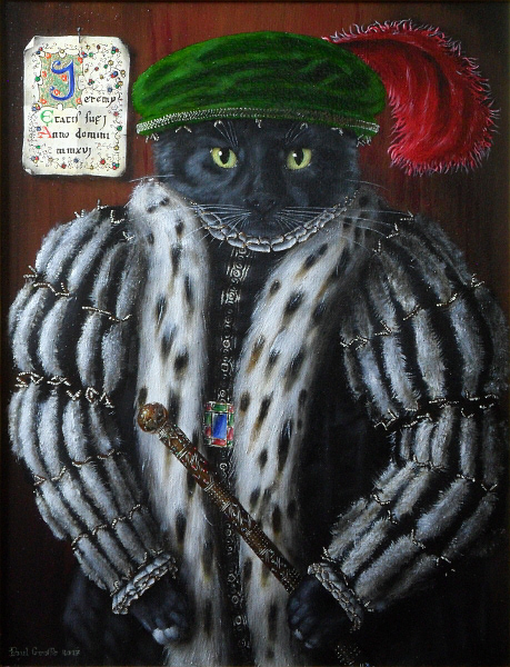 'Jeremy' - Black cat in the style of painting of Thomas Wentworth, holding a golden staff with rubies, emeralds, sapphires and diamonds. Copyright (c)2018 Paul Alan Grosse