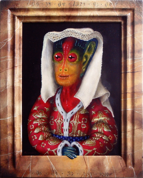 'Margaret' - Netherlandish alien painted in traditional Dutch headdress and brocade top with fir-lined collar and sleeves. Frame with trompe l'oeil engraved lettering in sunken field alien script and pastiglia fingers invading into the real world from inside the frame. Copyright (c)2020 Paul Alan Grosse
