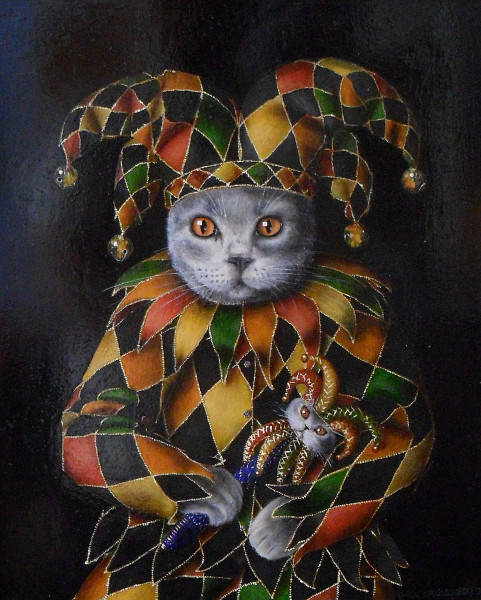 'Misty' - Netherlandish cat in jester outfit. Early pigments oils on quarter-sawn solid oak panel in solid oak hand carved frame with polychromy of fractured stone with gold-carrying quartz intrusions - mordant gilded 24 carat gold leaf - with trompe l'oeil engraved lettering in sunken field. Copyright (c)2020 Paul Alan Grosse