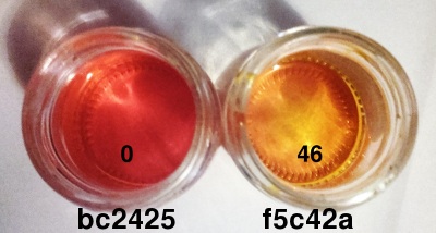 Mango Flavouring with orange colour. The different thicknesses of the solution gives rise to different hues. Copyright (c)2020 Paul Alan Grosse