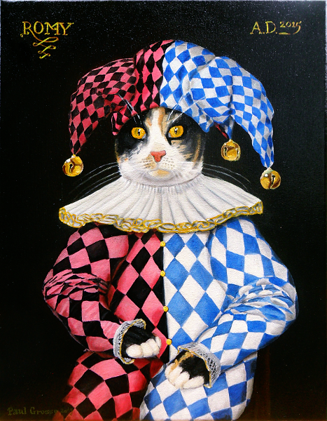 'Romy' - One of the kittens as a Jester in the style of Elizabethan paintings. Copyright (c)2015 Paul Alan Grosse