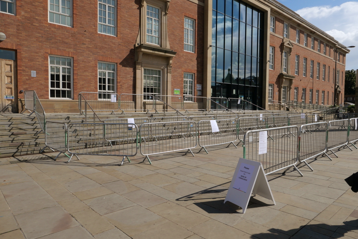 Derby: The queue facilities in Derby for the signing of condolences for HMQ Elizabeth II 20220909 Copyright (c)2022 Paul Alan Grosse. All Rights Reserved.