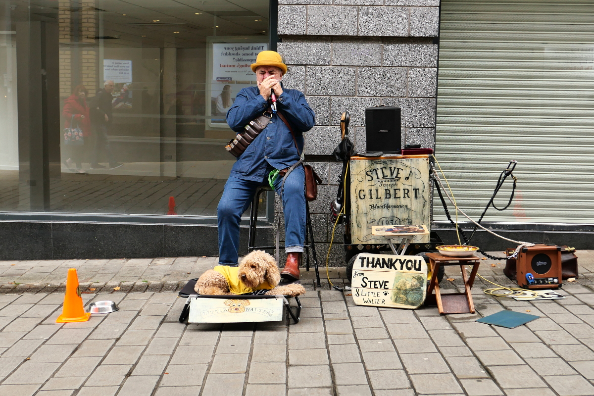 Derby: Busker with dog 20221101 Copyright (c)2022 Paul Alan Grosse. All Rights Reserved.