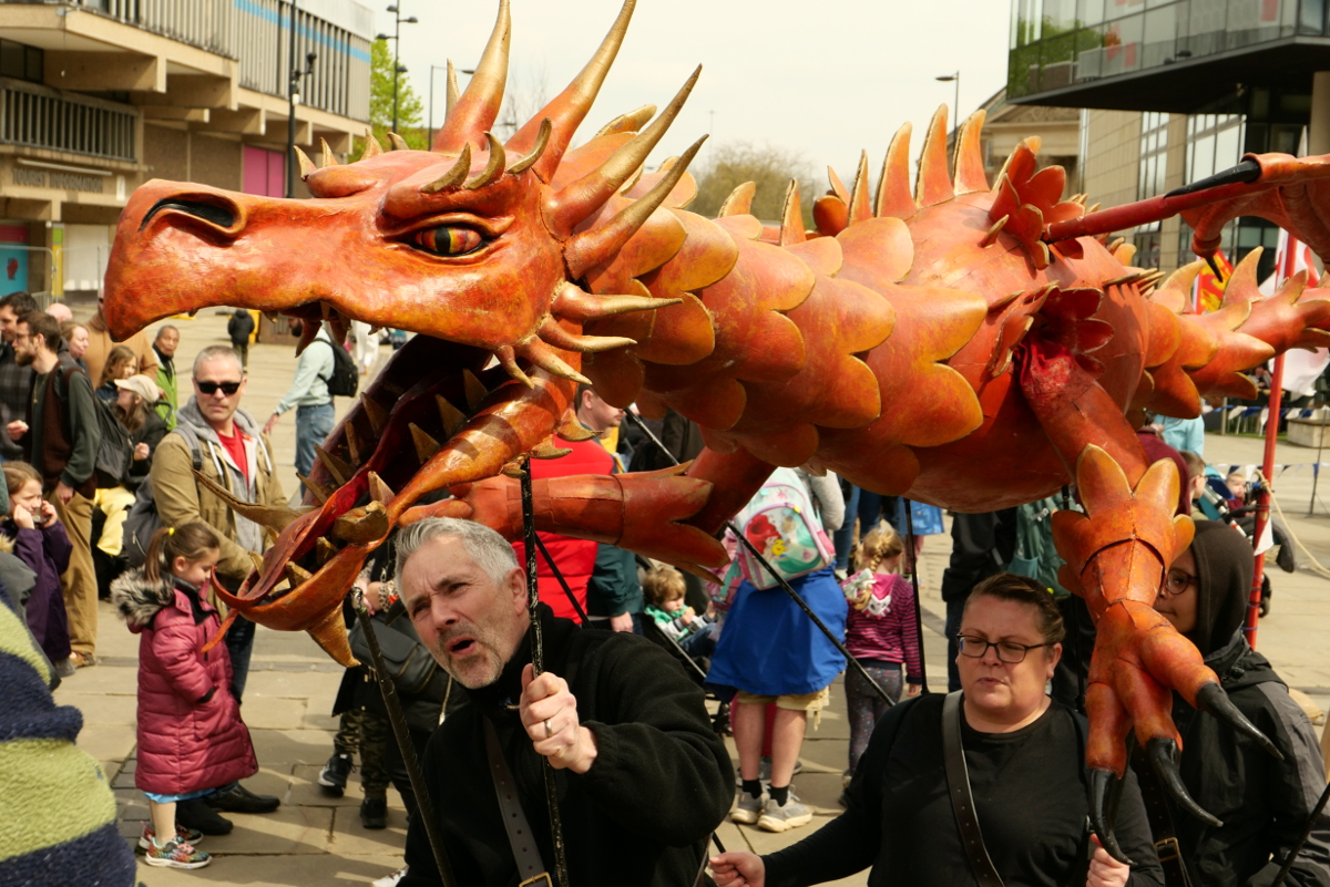 Derby: Saint George's Day 2023. Market Square Puppet Dragon Copyright (c)2023 Paul Alan Grosse. All Rights Reserved.