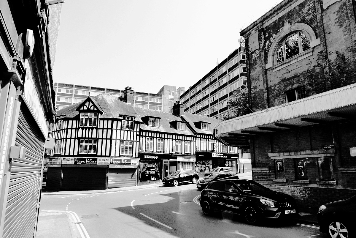 Derby: Green Lane crossroads - different types of architecture. Photograph Copyright (c)2023 Paul Alan Grosse. All Rights Reserved.