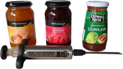 Apricot, Raspberry and Guava jams, and the syringe we will be using.