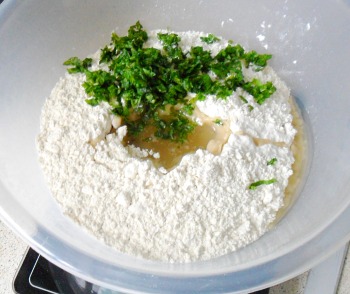 Freshly chopped mint with the flour and oil - mint replaces Ajwain in the original recipe.