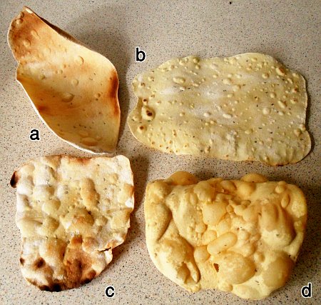 You wouldn't think that these were all from the same mixture. a) grill; b) dry tava; c) toaster; and d) deep fried.