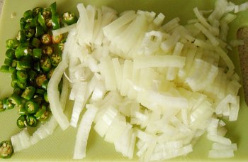 Chop up small the onions and chillies and any other vegetables you want to use.